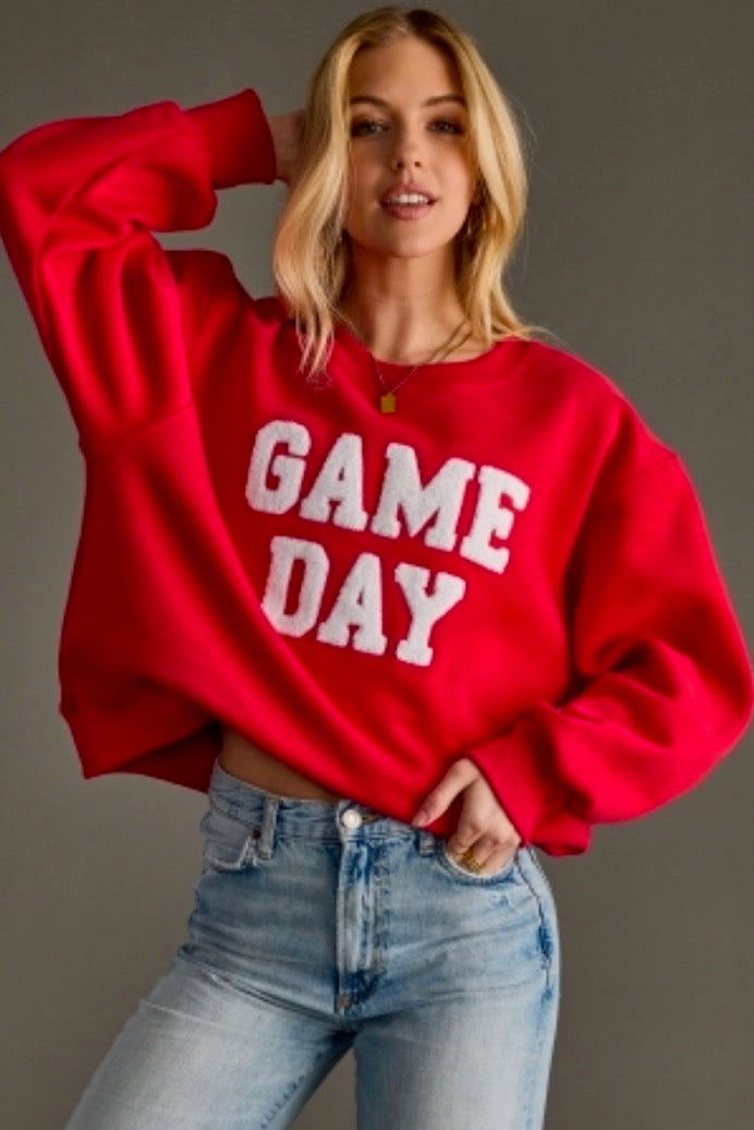 Red Game Day Sweatshirt With Chenille Letters