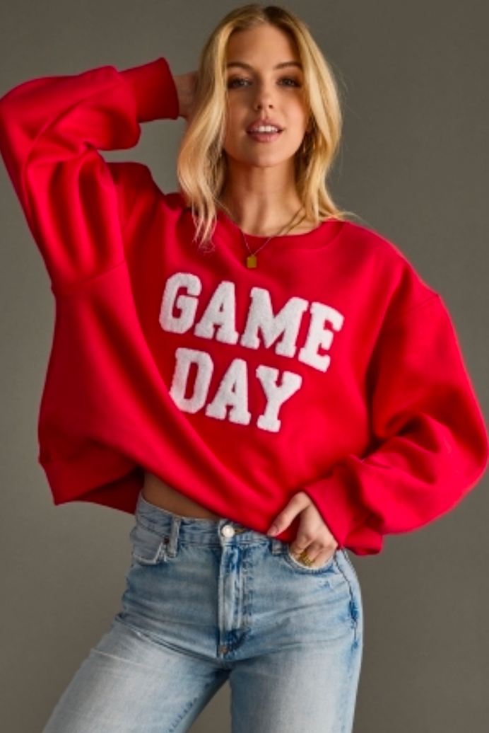 Red Game Day Sweatshirt With Chenille Letters