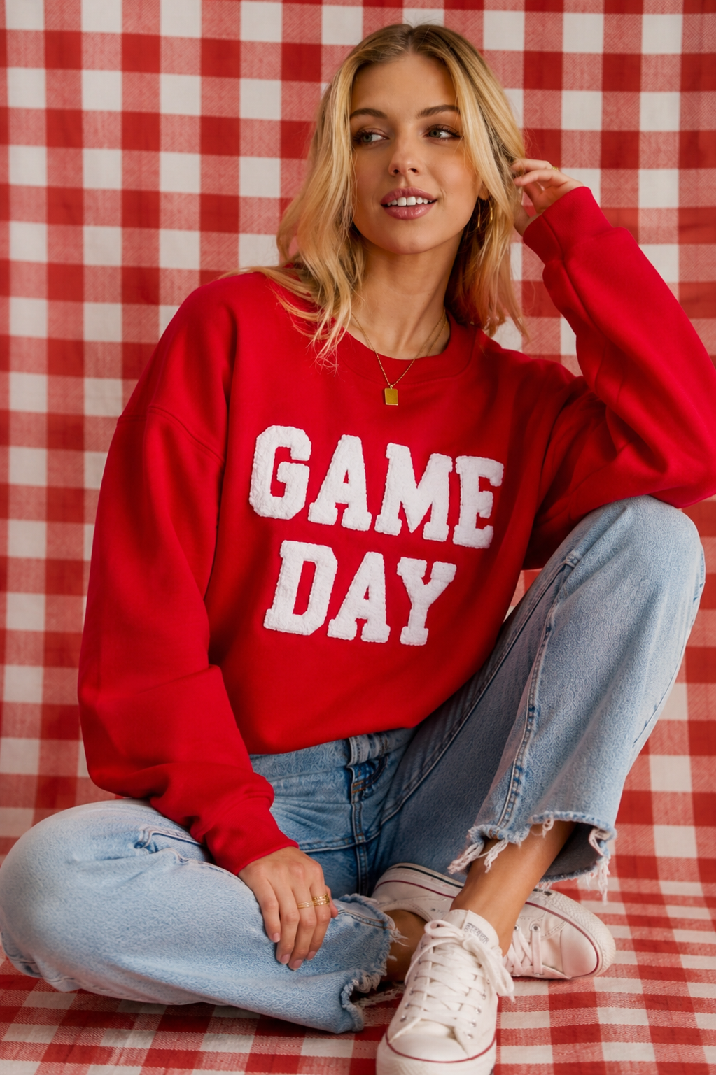 Red Game Day Sweatshirt With Chenille Letters