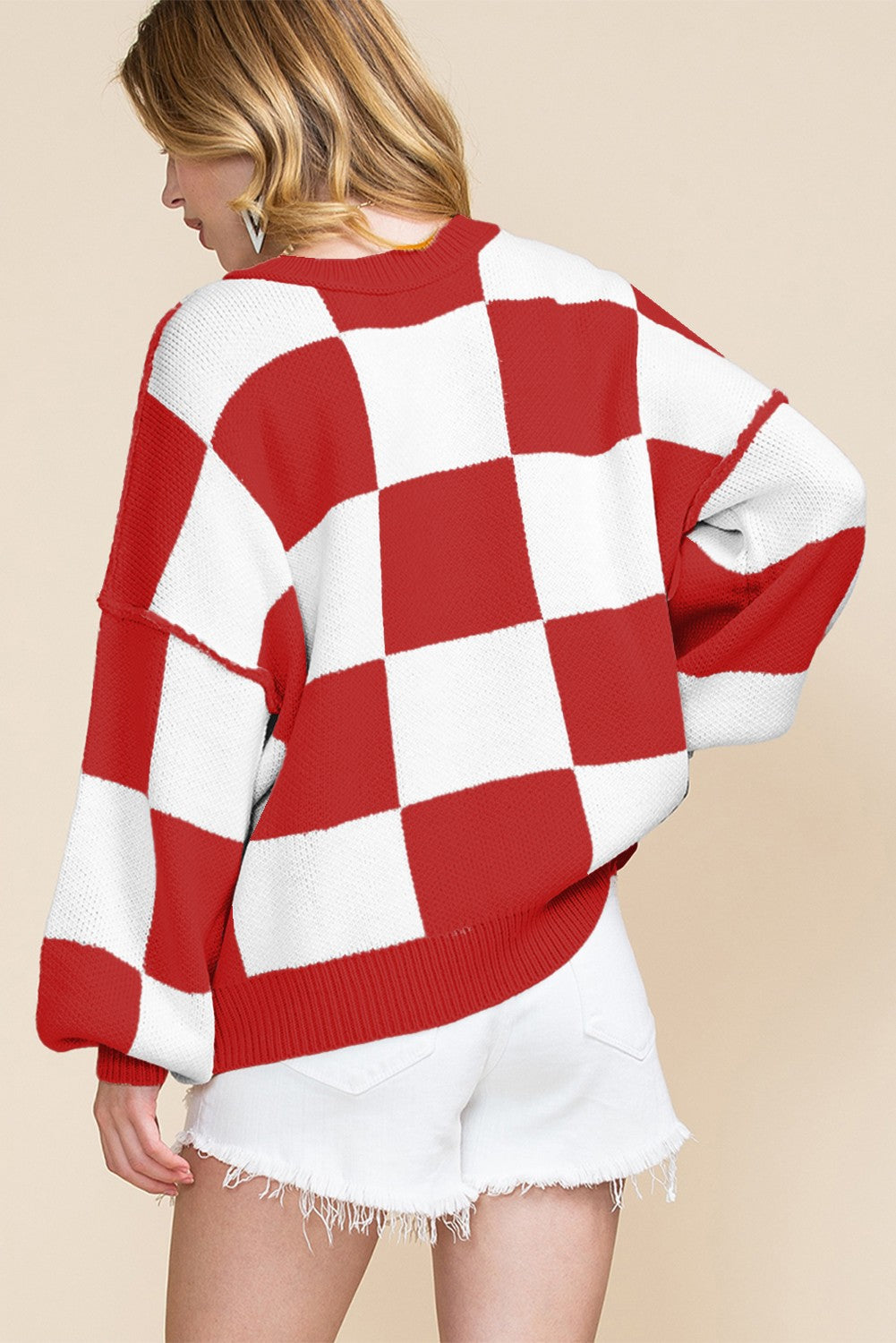 Oversized Red and White Checkered Plaid Pullover
