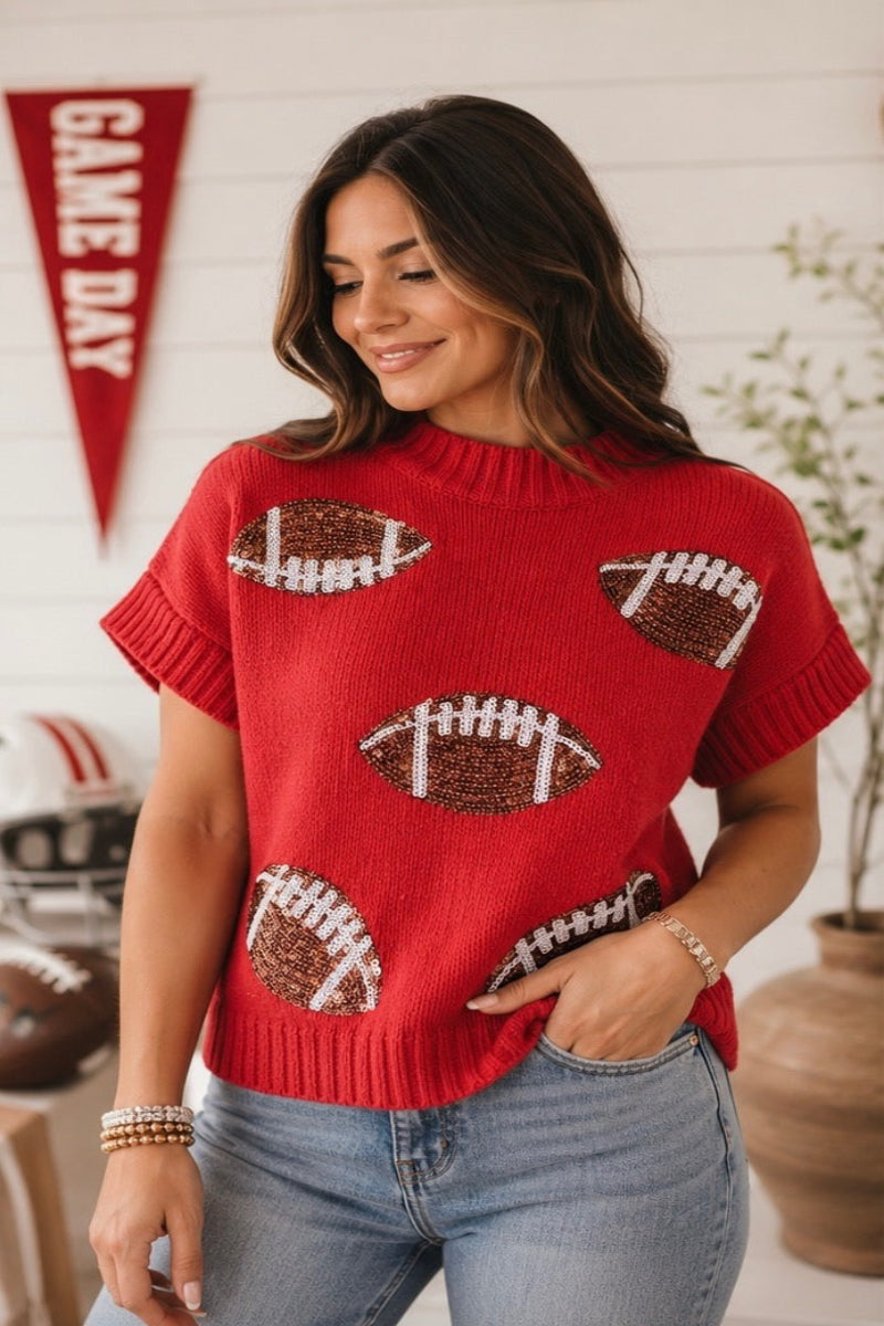 Gameday Sequin Football Patches Rib Banded Red Sweater