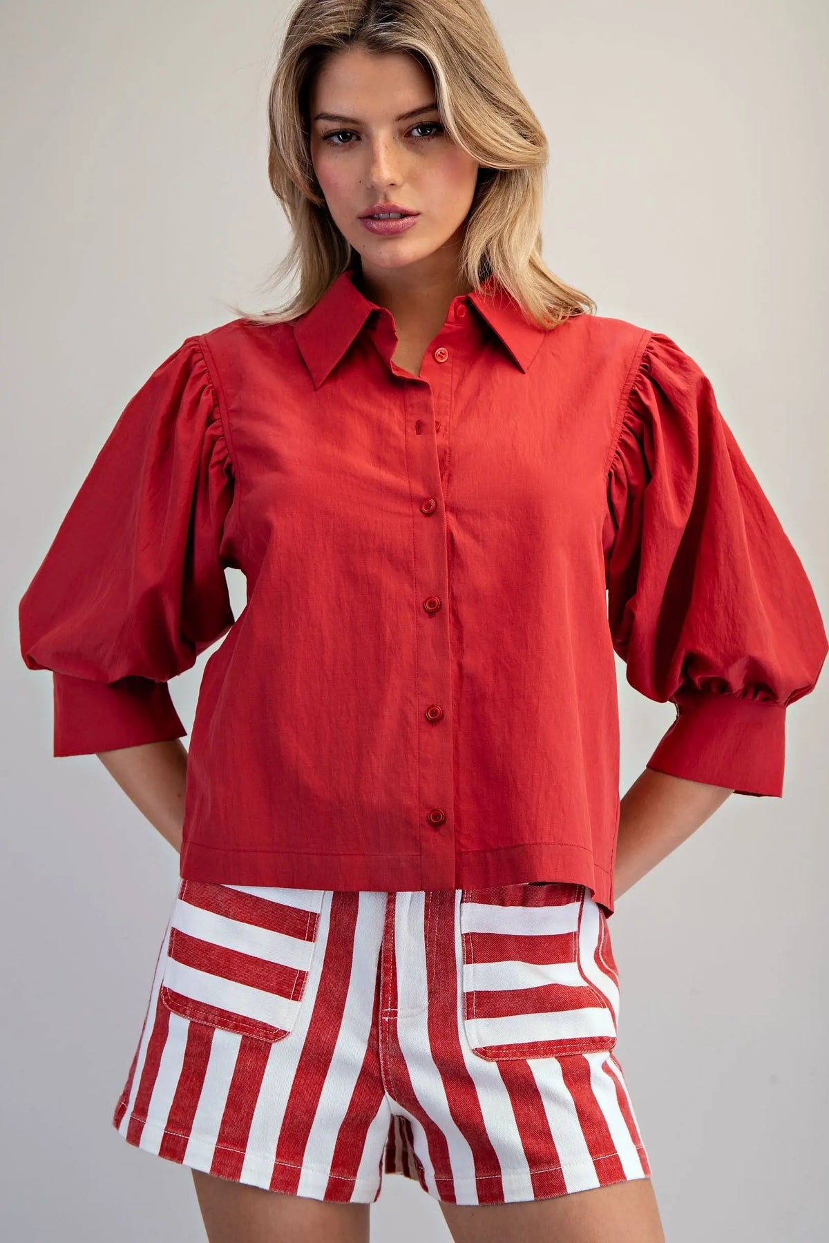 tomato Solid Puff Sleeve Button Down Shirt