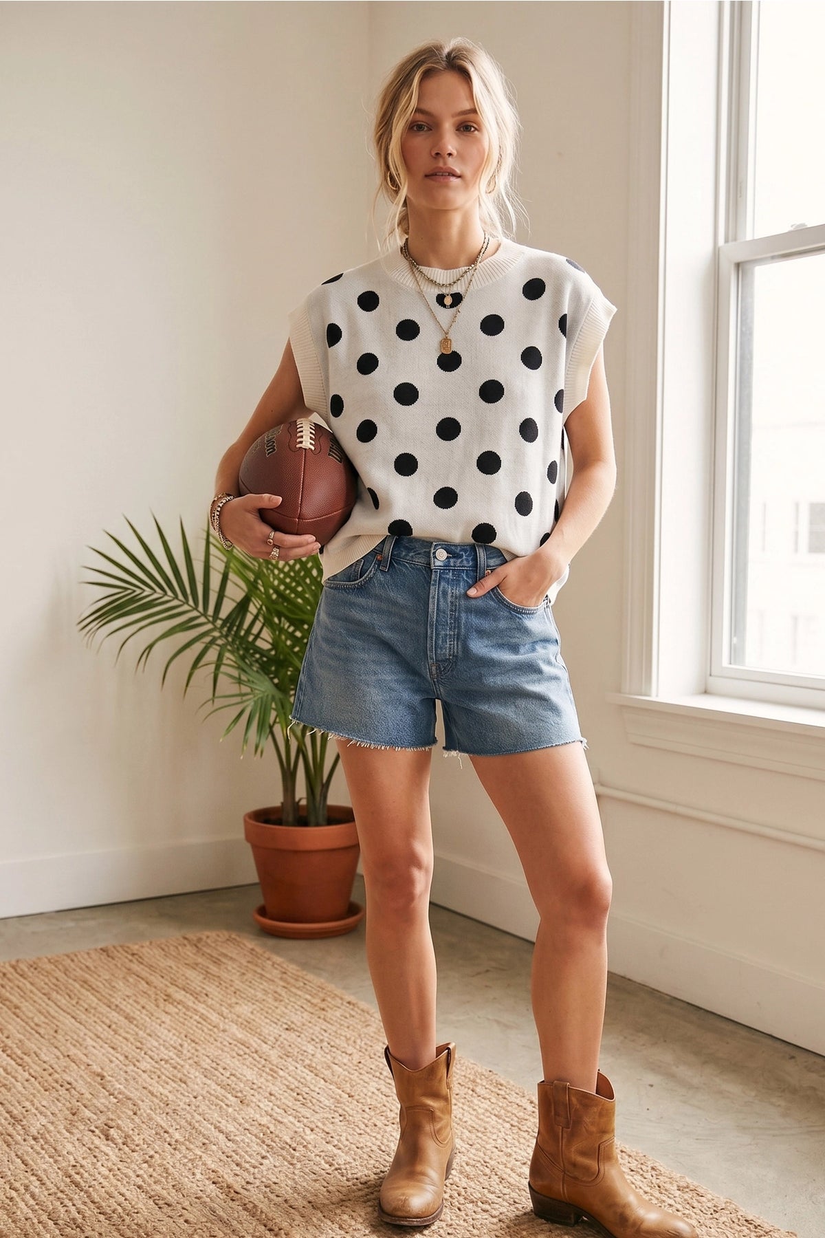 Gameday Polka Dot Sleeveless Knit Top White with Black Polka Dots