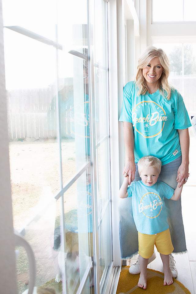 Sandy Toes Beach Bum Salty City USA graphic- blue melange short sleeve crew neck kids tee and matching mommy version