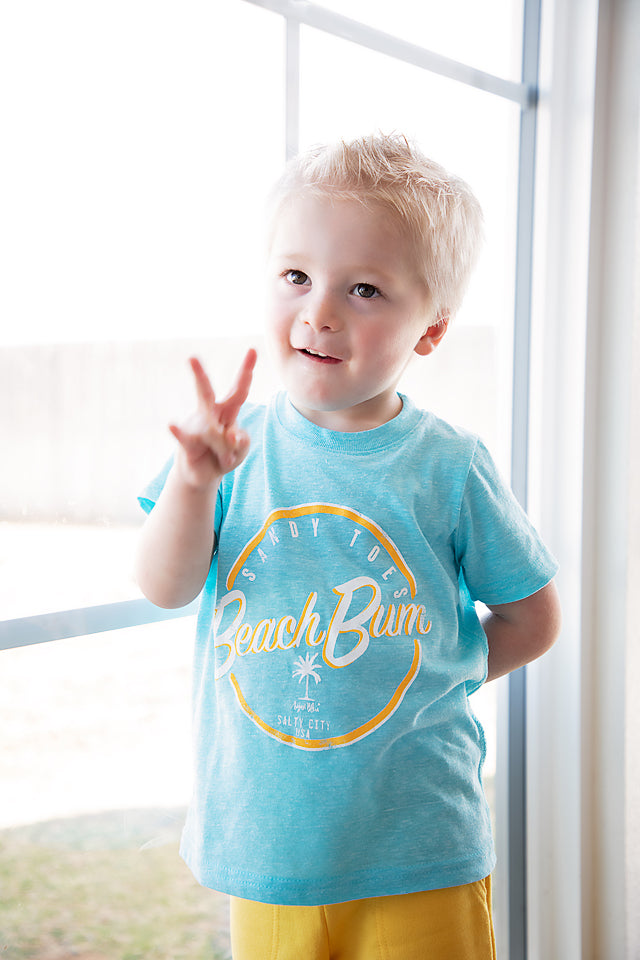 Sandy Toes Beach Bum Salty City USA graphic- blue melange short sleeve crew neck kids tee