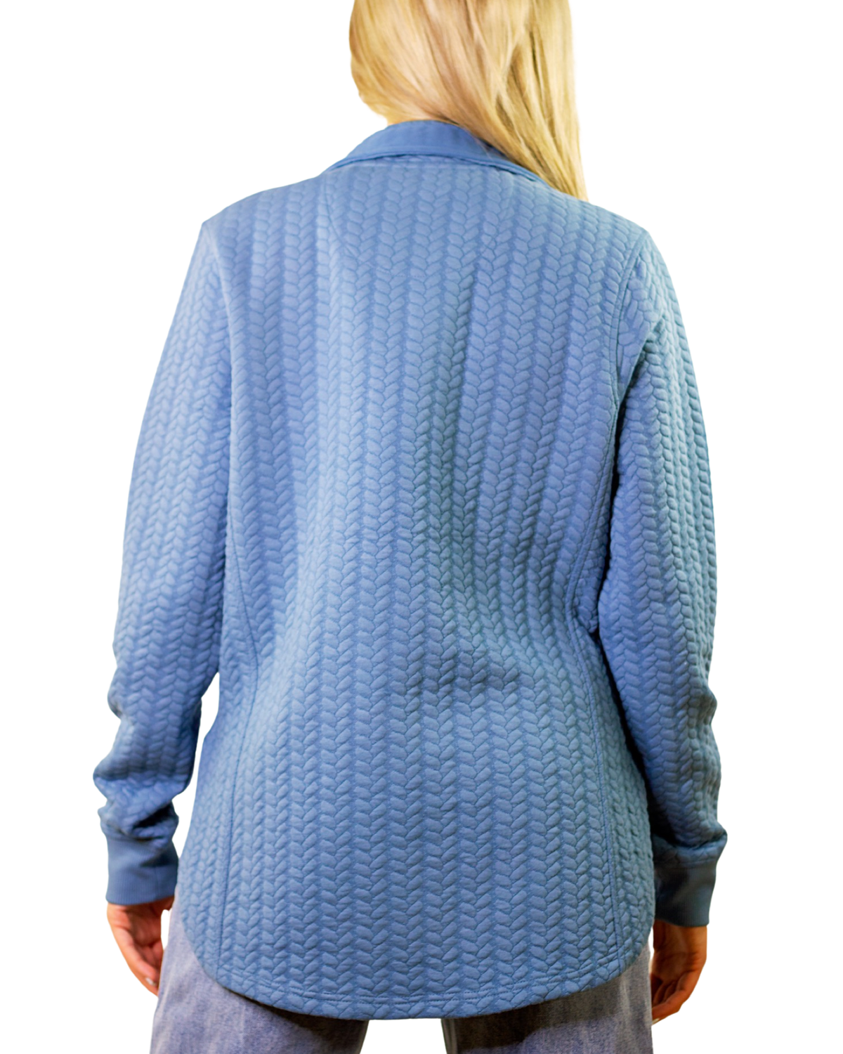 The Minley cableknit quarter zip high low denim blue sweatshirt with kangaroo pocket 