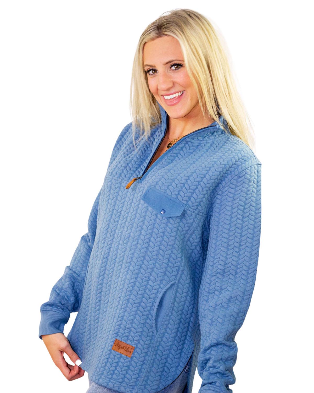 The Minley cableknit quarter zip high low denim blue sweatshirt with kangaroo pocket 