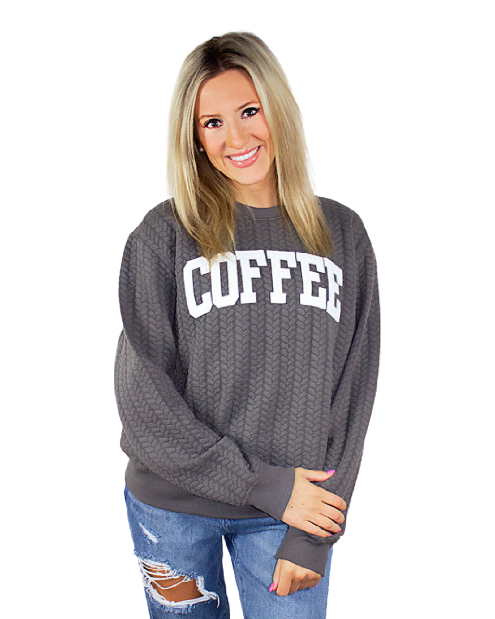 Coffee - Cable Knit Heather Grey Pullover