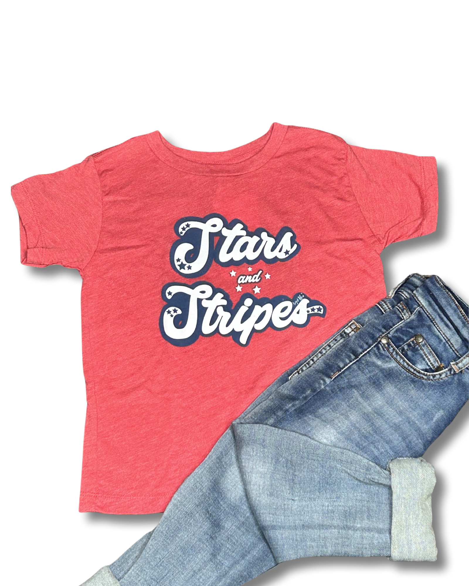 Stars and Stripes graphic on a red crew neck kids tee 