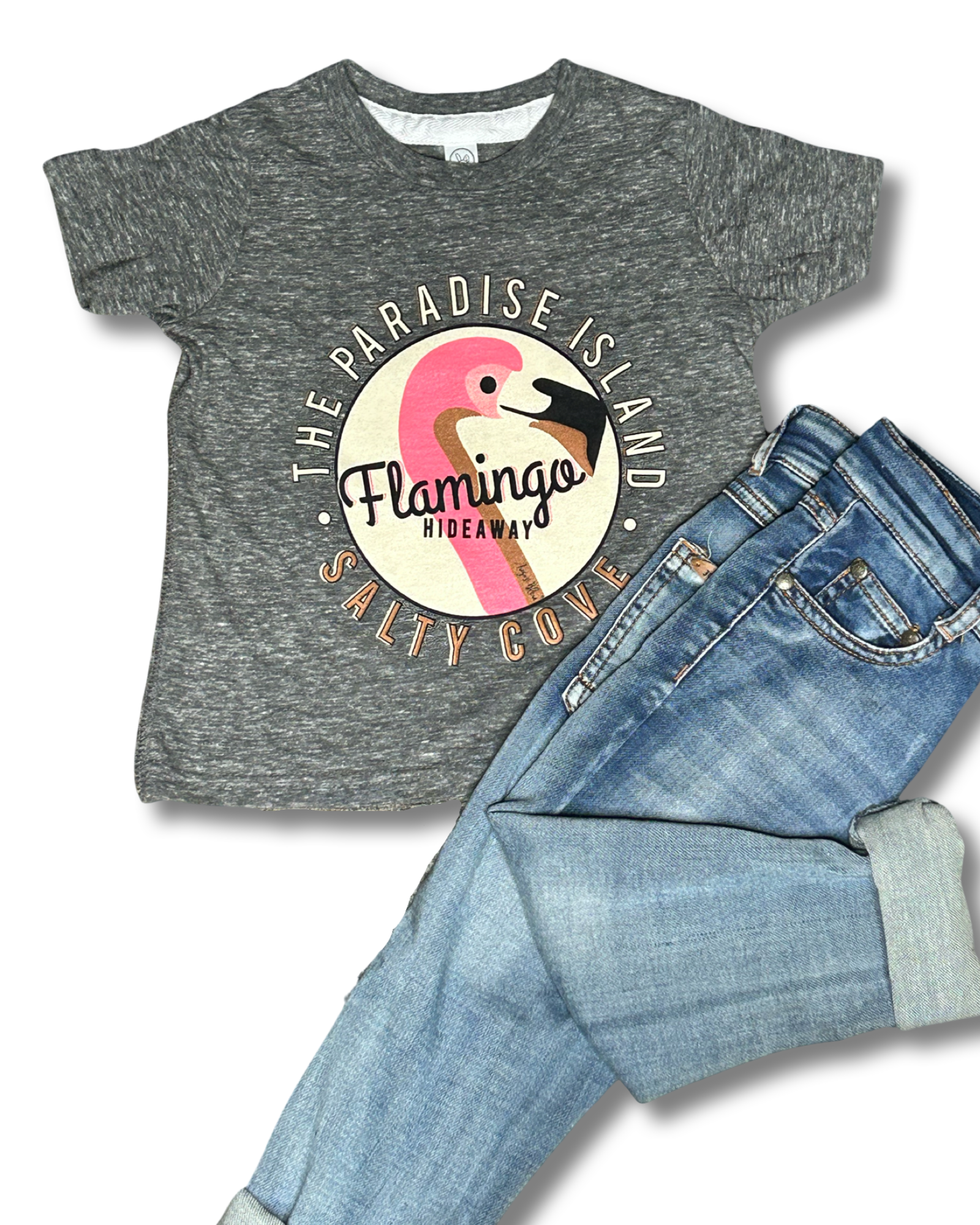 The Paradise Island Flamingo Hideaway salty cove graphic with flamingo art- vintage black crew neck short sleeve kids tee