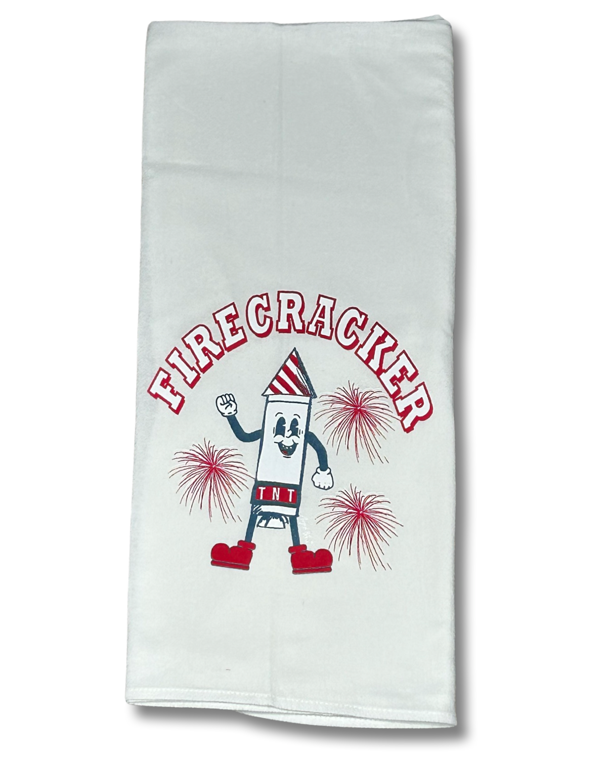 Firecracker graphic on a white kitchen tea towel 