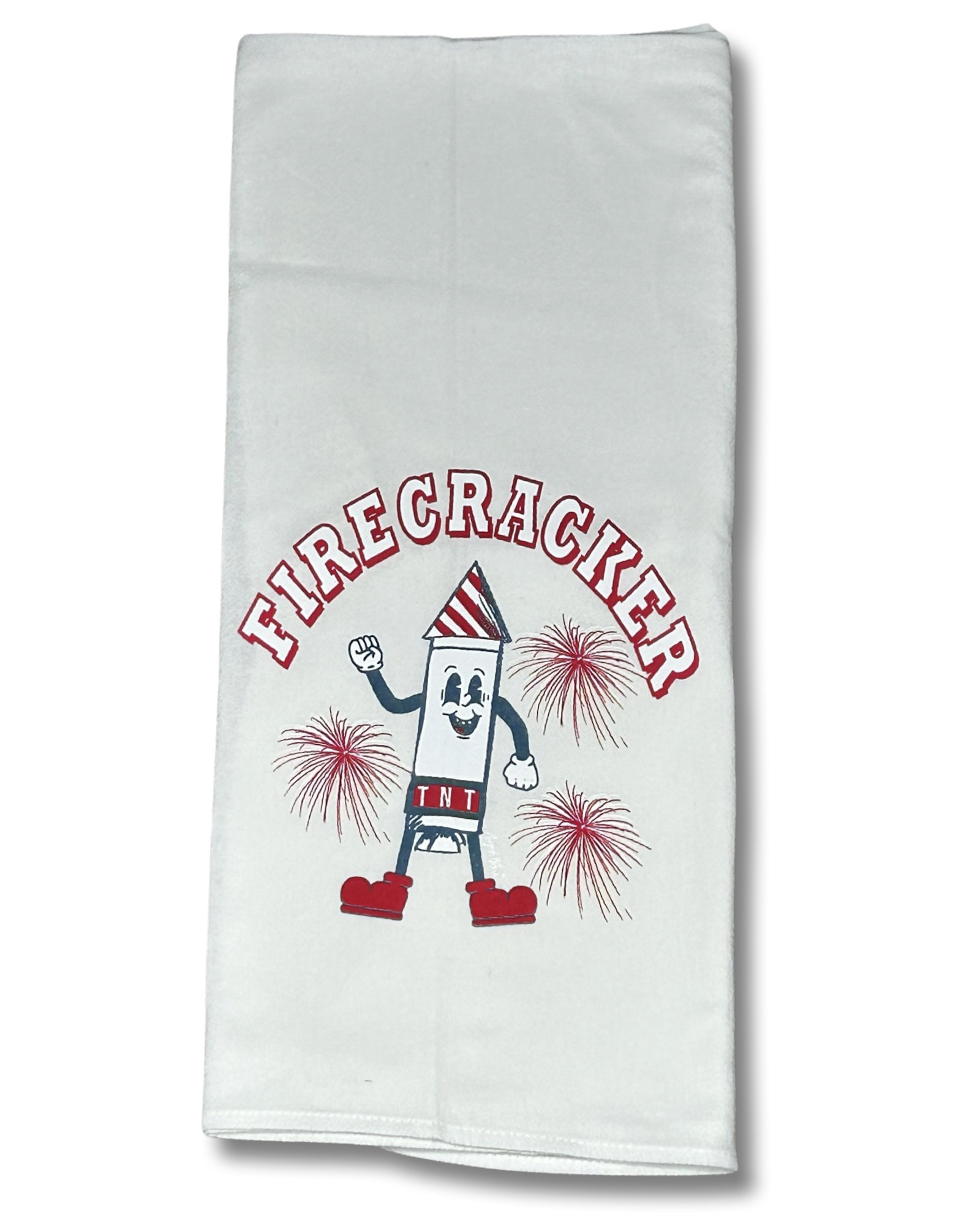 Firecracker graphic on a white kitchen tea towel 