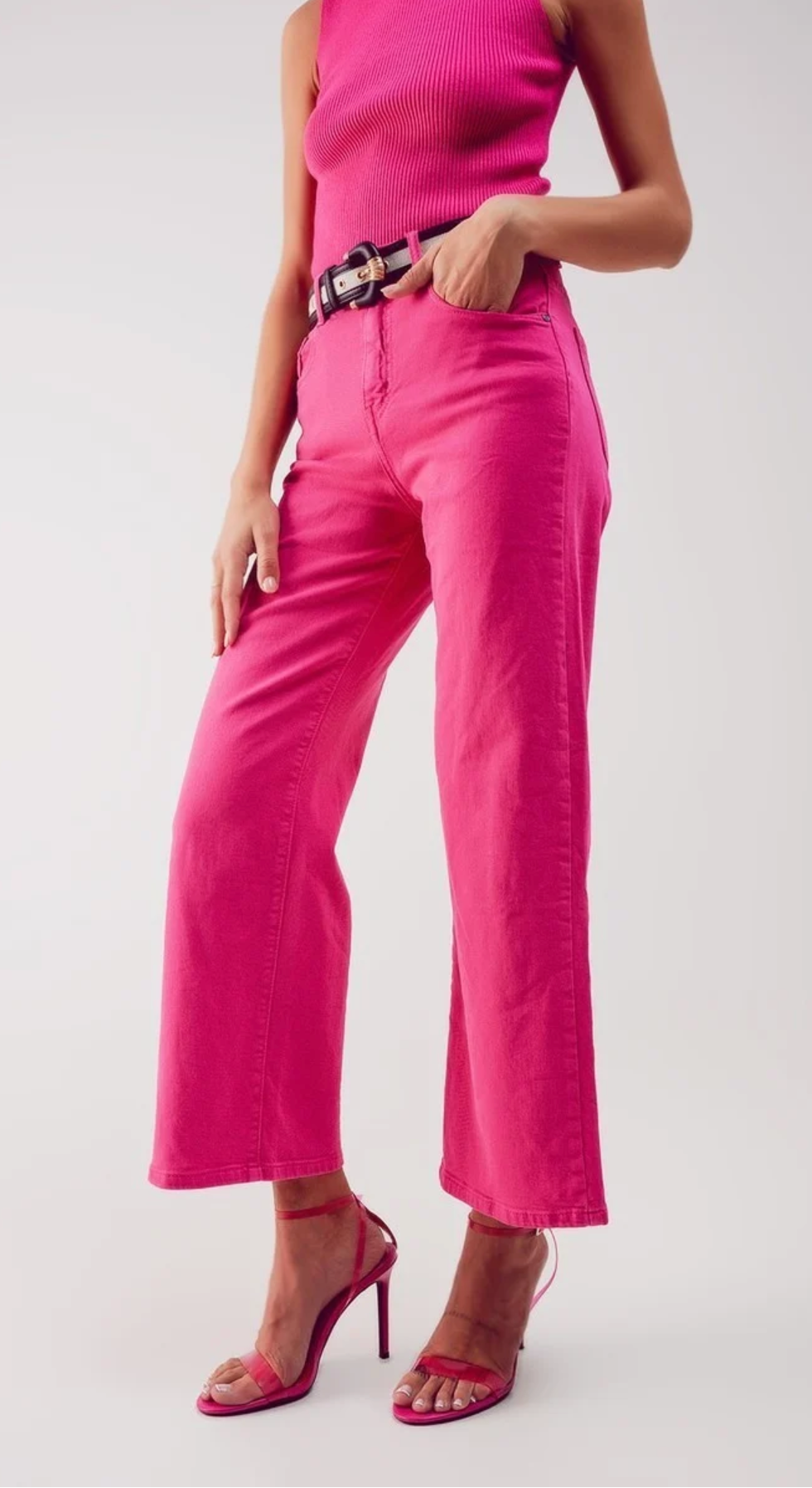 Electric Pink wide leg ankle jeans side
