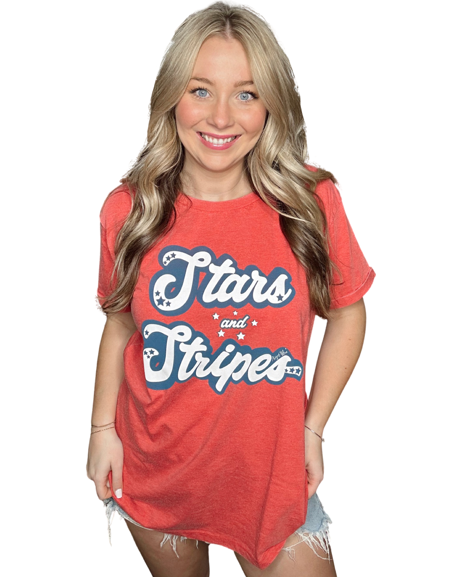 Stars and Stripes written in white with a blue outline on a red crew neck tee with small side slit 