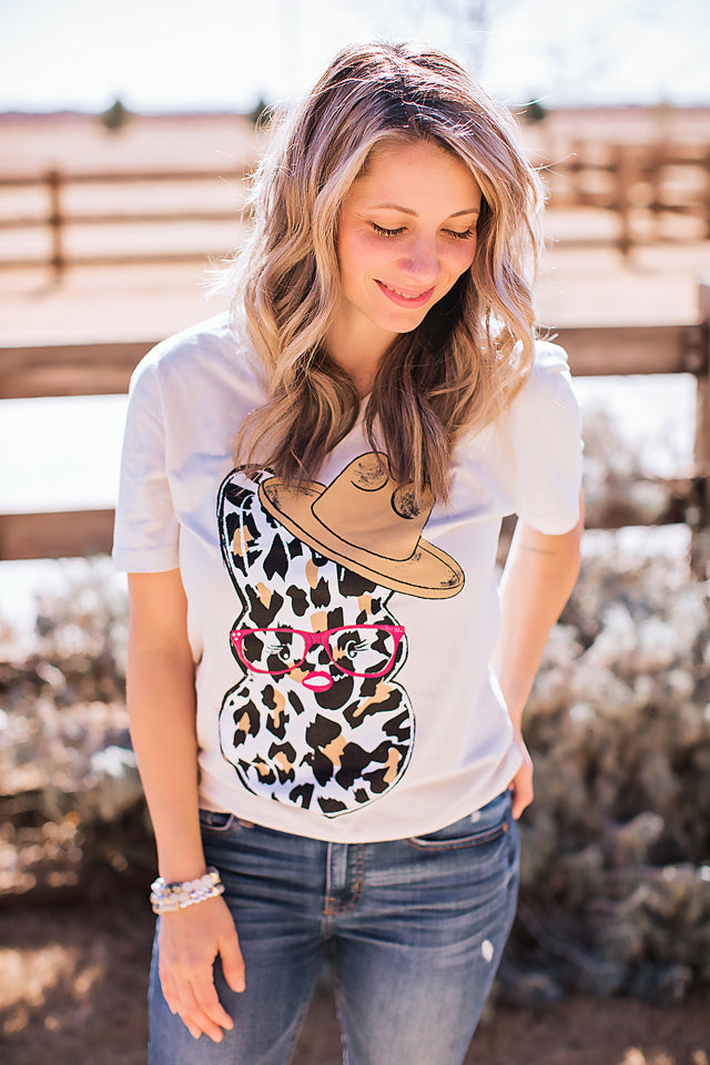 Leopard Bunny Iced Latte V neck tee