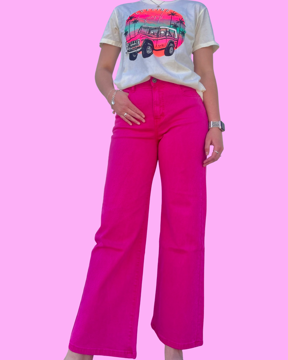 Electric Pink Crop Wide Ankle Jean